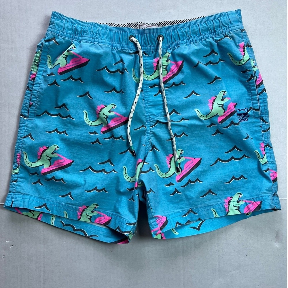 Party Pants Mens Swim Trunks Shorts Blue Dinosaur Jet Ski Print Size Small